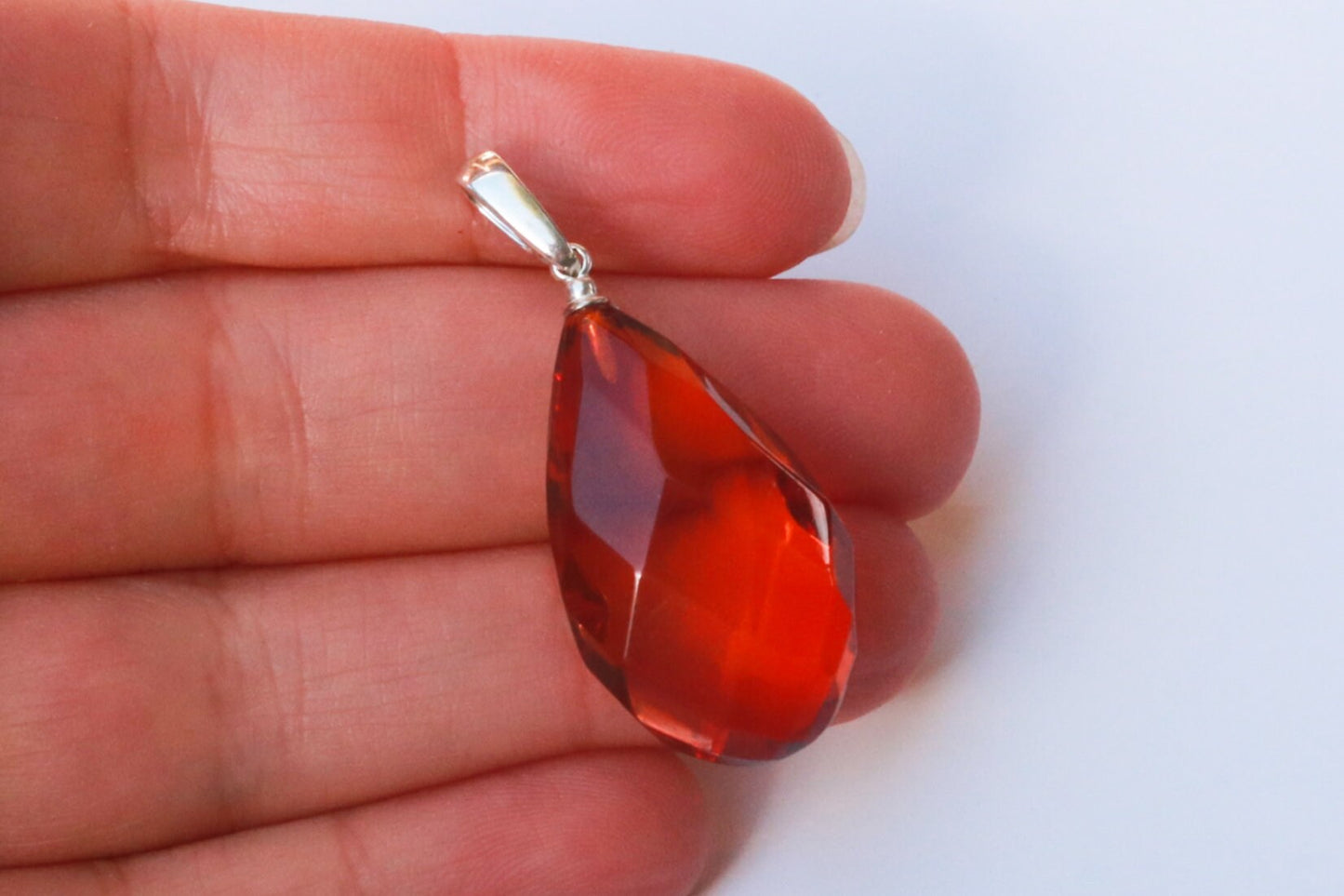 Baltic Amber Pendant Cognac Faceted Drop Jewelry Unisex 1.59" 3 gram 925 Silver