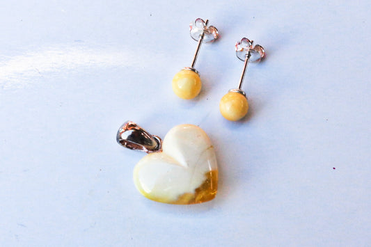 Baltic Amber Jewelry Set Butterscotch Milky White Heart Pendant and Ball Stud Earrings Natural Untreated 2.2 gram 925 Silver