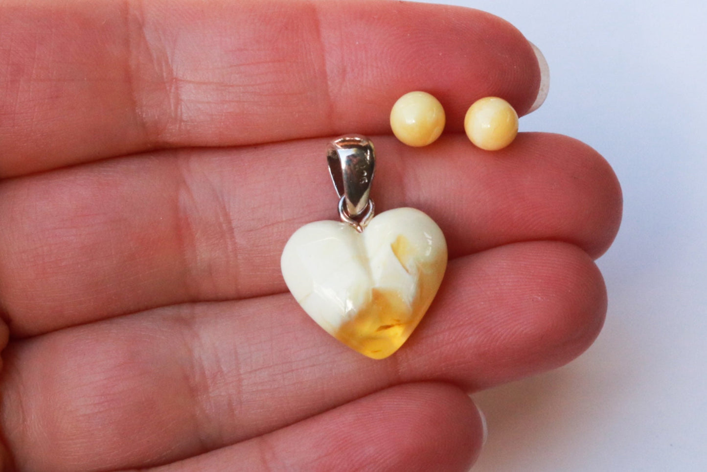 Baltic Amber Jewelry Set Butterscotch Milky White Heart Pendant and Ball Stud Earrings Natural Untreated 2.2 gram 925 Silver