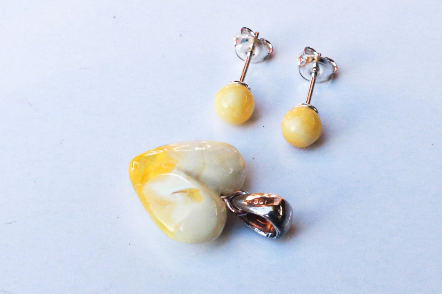 Baltic Amber Jewelry Set Butterscotch Milky White Heart Pendant and Ball Stud Earrings Natural Untreated 2.2 gram 925 Silver