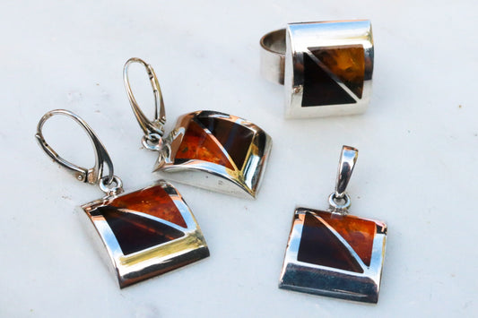 Baltic Amber Jewelry Set Mosaic Earrings Pendant Ring Natural Cognac Honey Multicolor 925 Silver