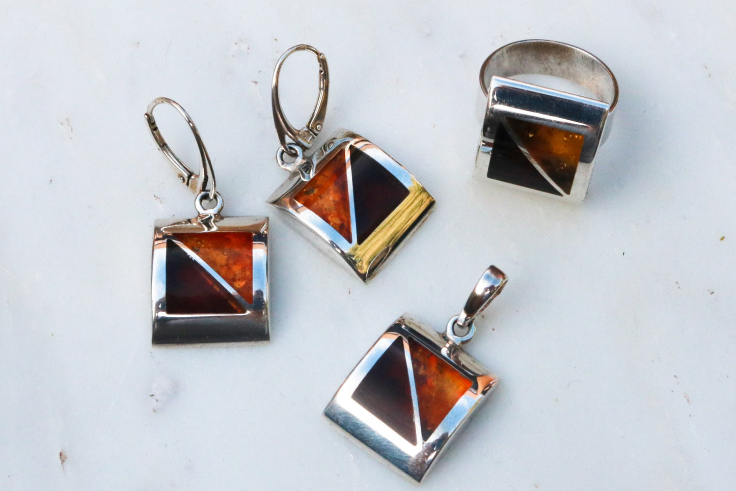 Baltic Amber Jewelry Set Mosaic Earrings Pendant Ring Natural Cognac Honey Multicolor 925 Silver