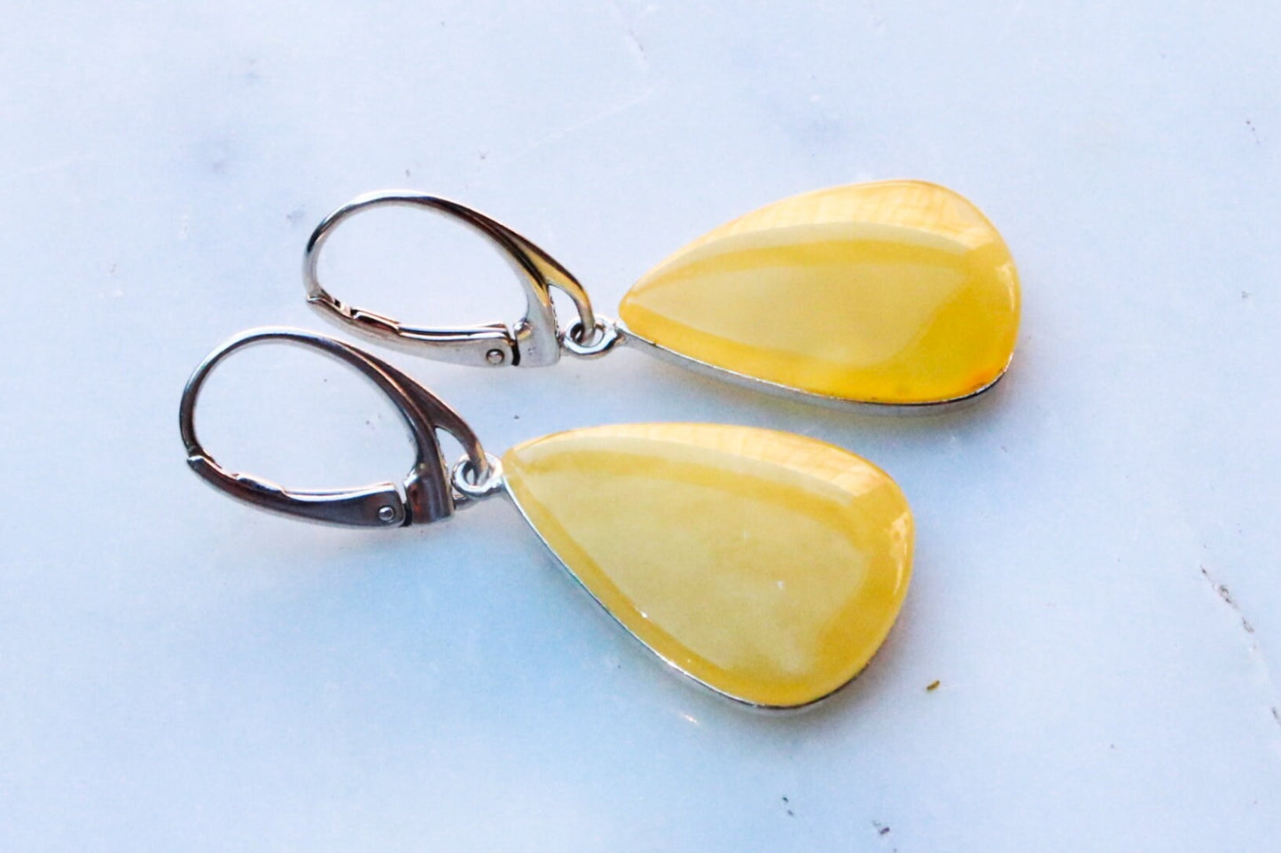 Baltic Amber Earrings Butterscotch Triangle Yellow Natural Jewelry 1.66" 6.3 gram 925 Silver