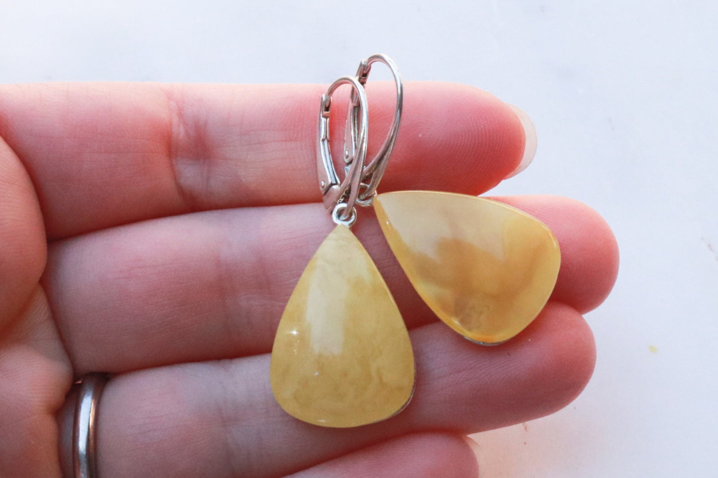 Baltic Amber Earrings Butterscotch Triangle Yellow Natural Jewelry 1.66" 6.3 gram 925 Silver