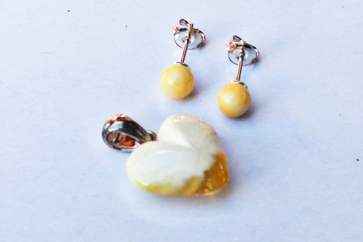 Baltic Amber Jewelry Set Butterscotch Milky White Heart Pendant and Ball Stud Earrings Natural Untreated 2.2 gram 925 Silver