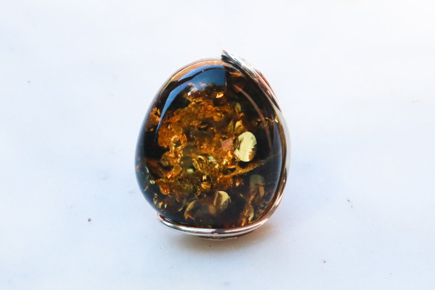 Baltic Amber Green Ring Adjustable Sparkling Jewelry 925 Silver 12.4 gram