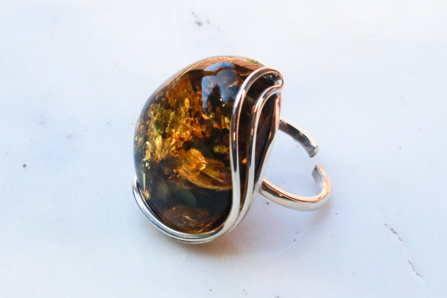 Baltic Amber Green Ring Adjustable Sparkling Jewelry 925 Silver 12.4 gram