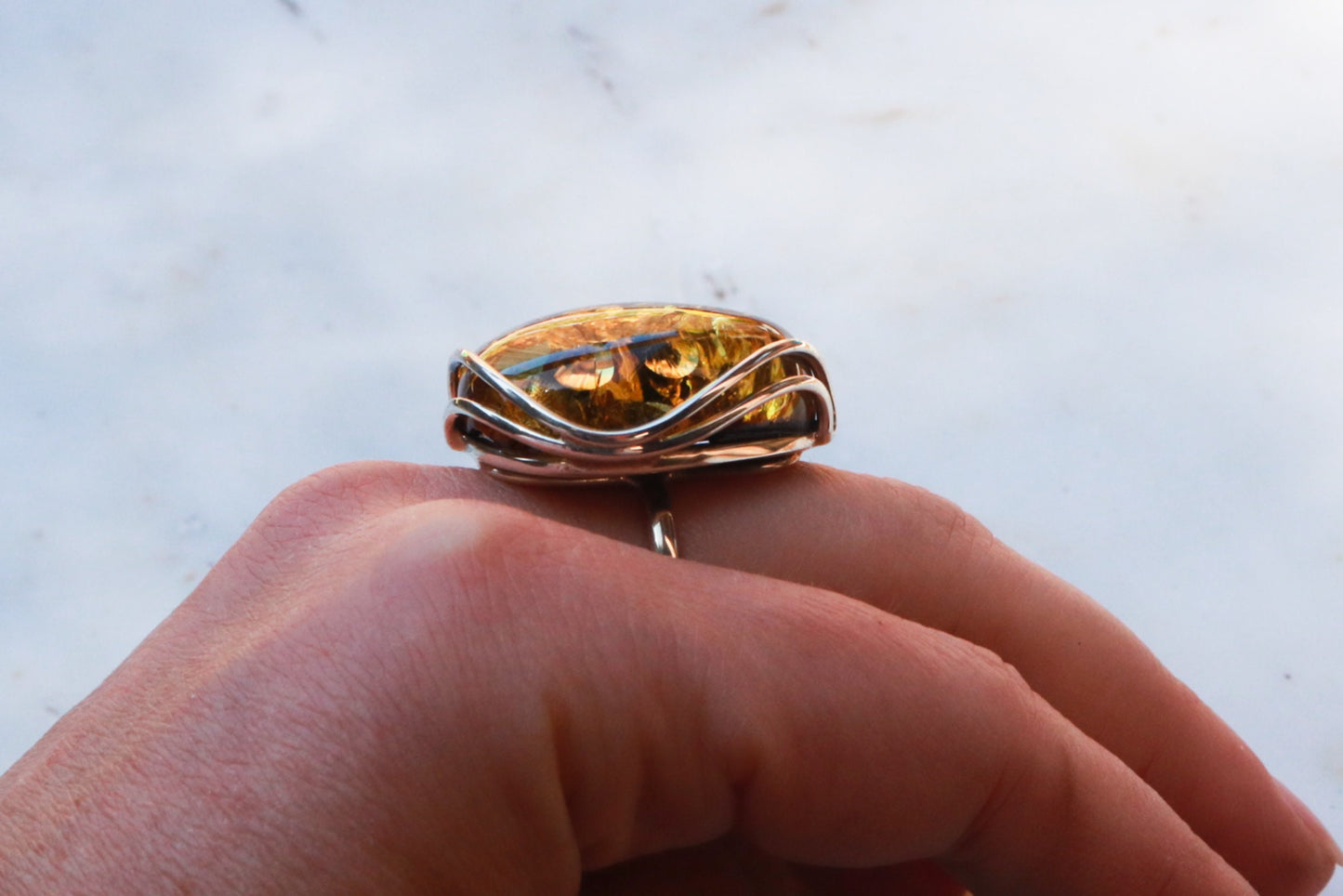 Baltic Amber Green Ring Adjustable Sparkling Jewelry 925 Silver 12.4 gram