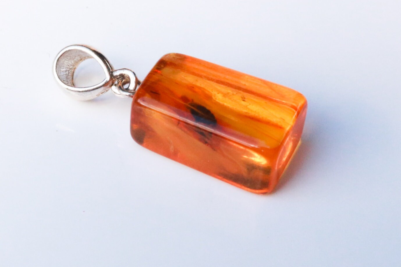 Baltic Amber Pendant with Fossil Insect Fly Natural Inclusions Rectangle Unisex 1.23" 2.4 gram