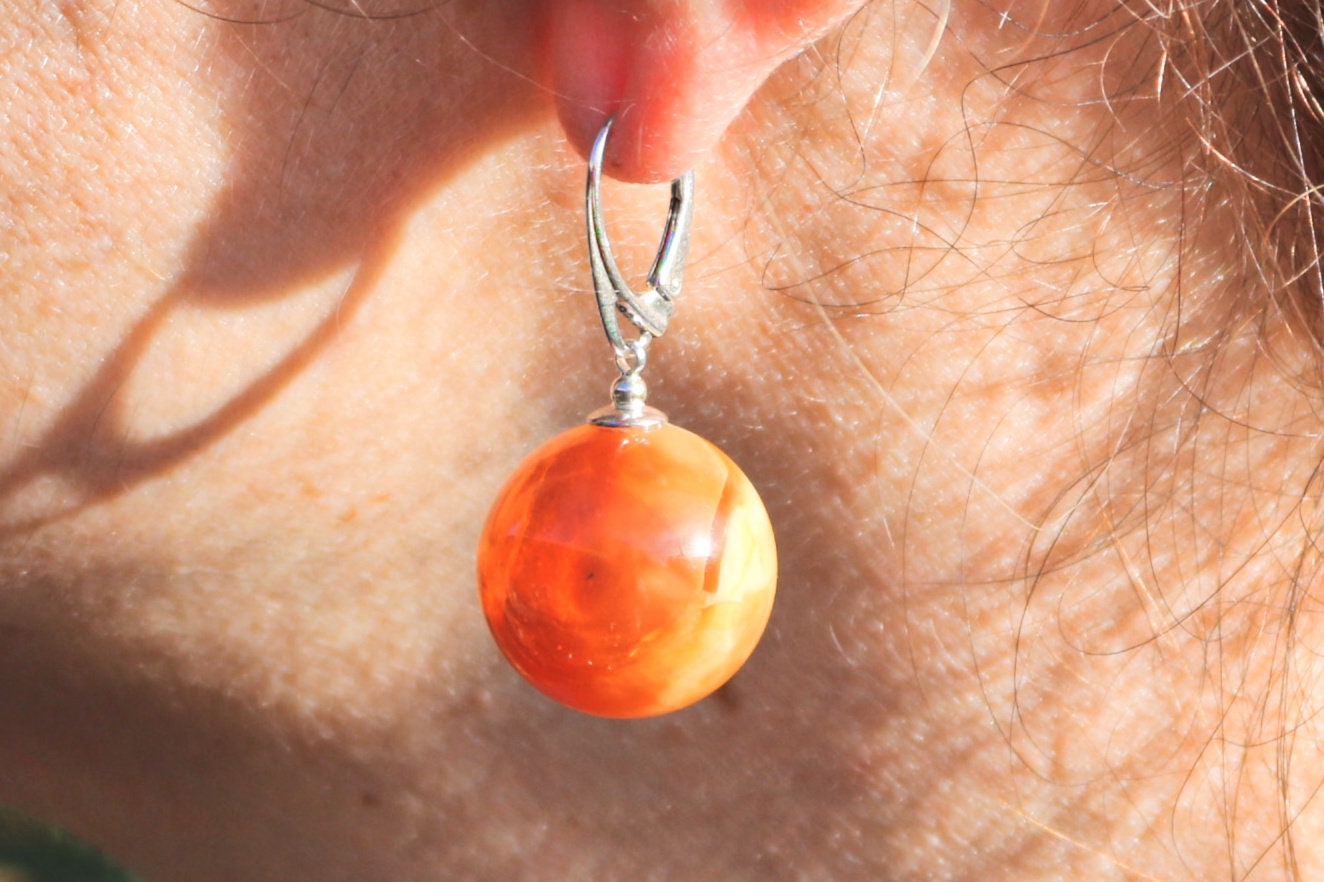 Baltic Amber Earrings Ball Round Pink Caramel Cloudy Natural Jewelry 1.64" 19 mm