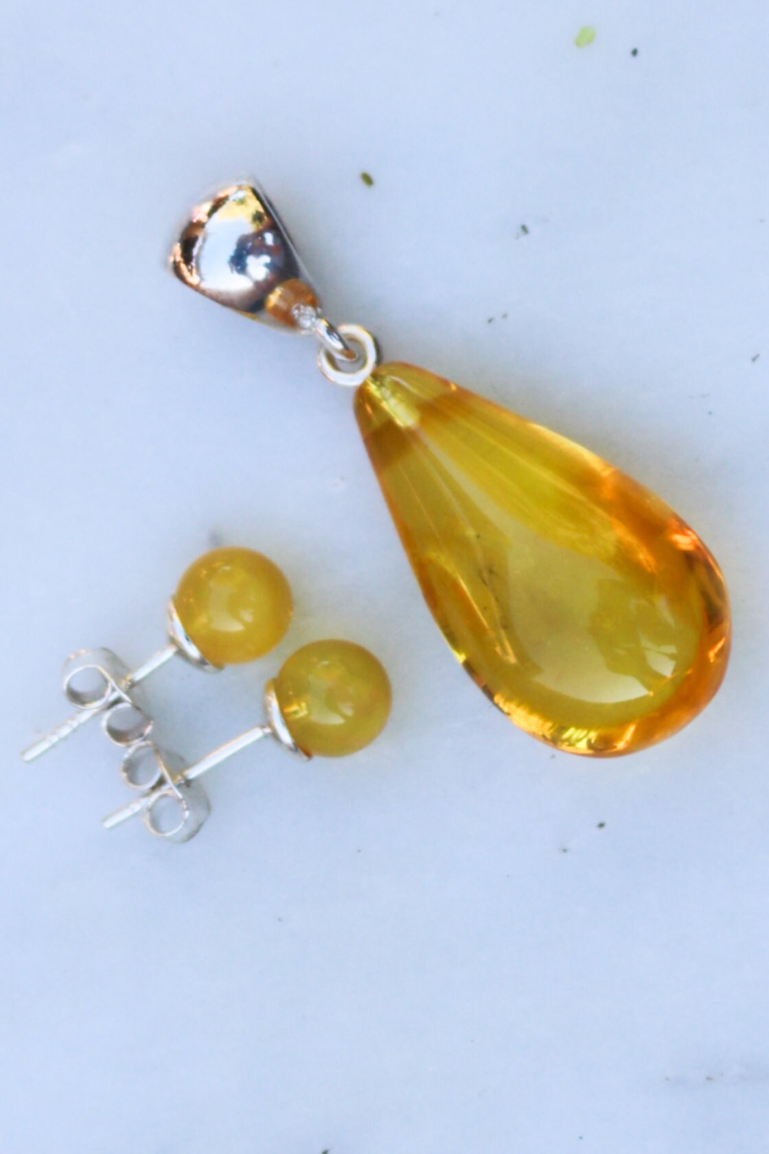 Baltic Amber Jewelry Set Yellow Cloudy Drop Pendant and Earrings Natural Untreated 4.3 gram 925 Silver