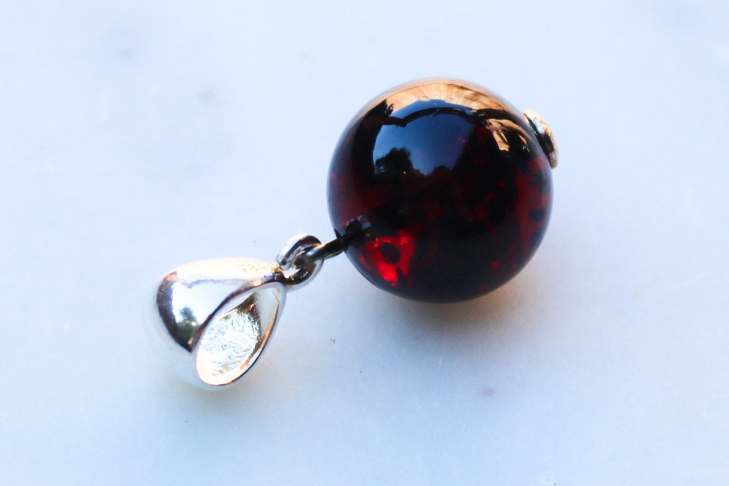 Baltic Amber Pendant Cherry Ball Natural Unisex 14 mm 1.12" 2.6 gram 925 Silver