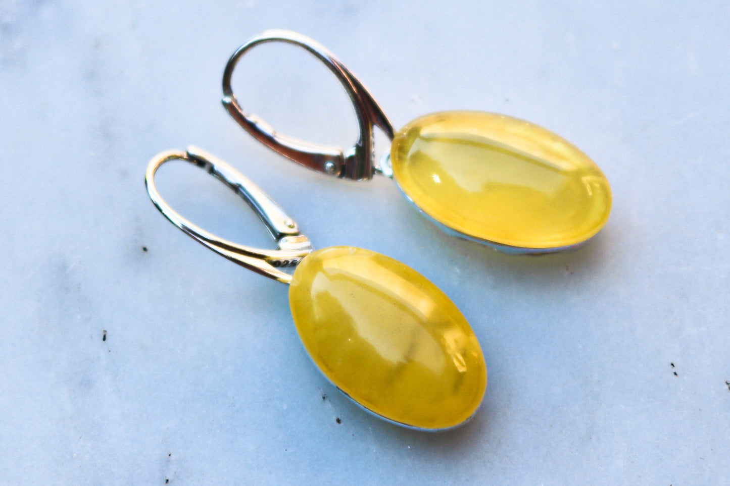 Baltic Amber Earrings Yellow Cloudy Natural Oval Untreated Jewelry 1.47" 5.7 gram 925 Silver