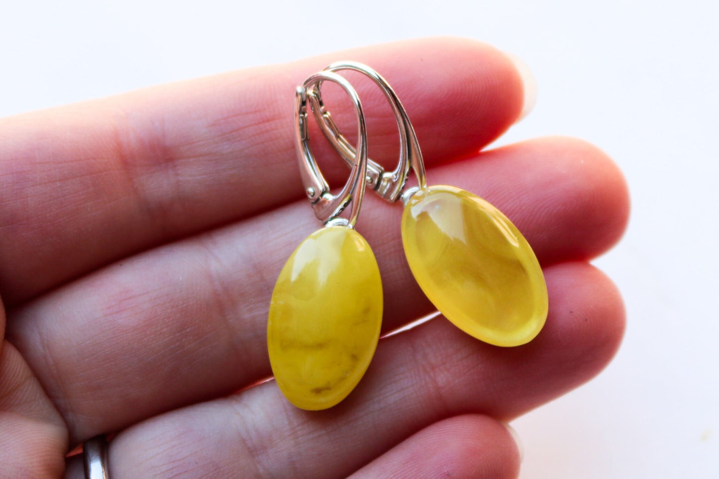 Baltic Amber Earrings Yellow Cloudy Natural Oval Untreated Jewelry 1.47" 5.7 gram 925 Silver