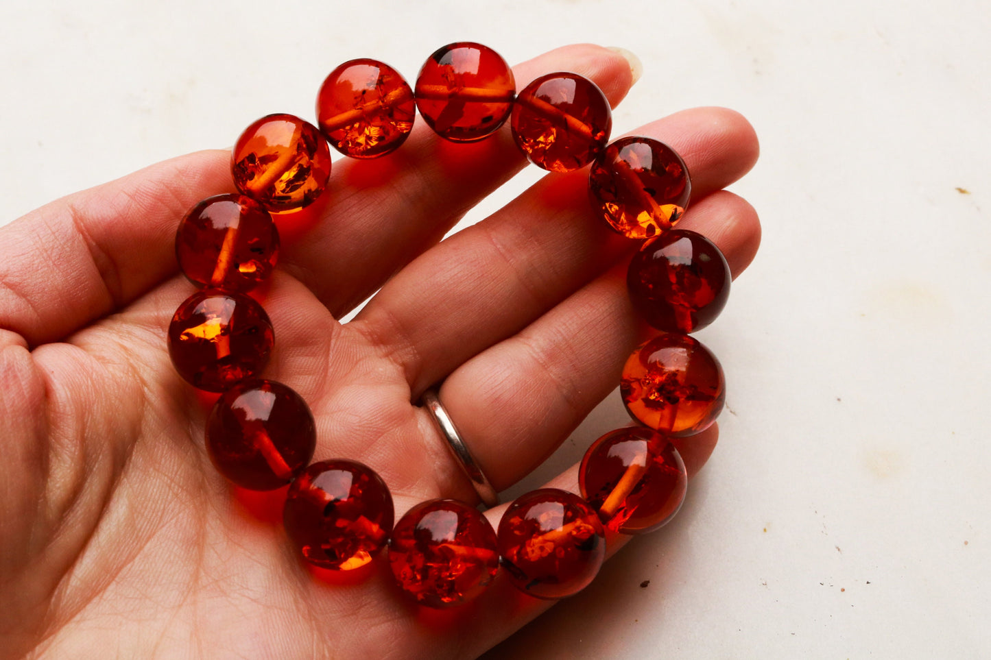 Baltic Amber Ball Beads Bracelet Cognac Sparkling 7.8" 16 mm 29.5 gram