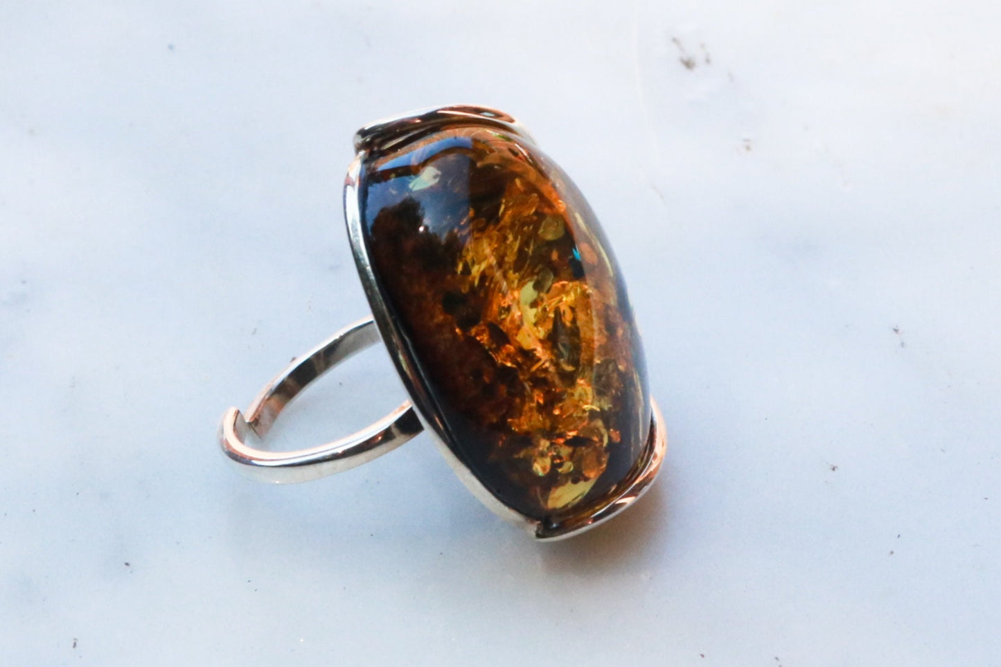 Baltic Amber Green Ring Adjustable Sparkling Jewelry 925 Silver 12.4 gram