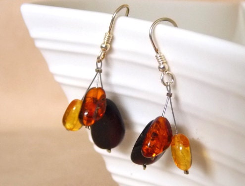 Baltic Amber Earrings Multicolor Dangle Three Stones Jewelry 1.6" 925 Silver