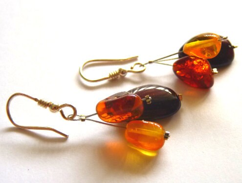 Baltic Amber Earrings Multicolor Dangle Three Stones Jewelry 1.6" 925 Silver