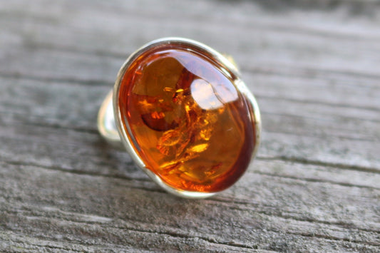 Baltic Amber Honey Ring Adjustable Natural Sparkling Oval 925 Silver 9.8 gram 925 Silver