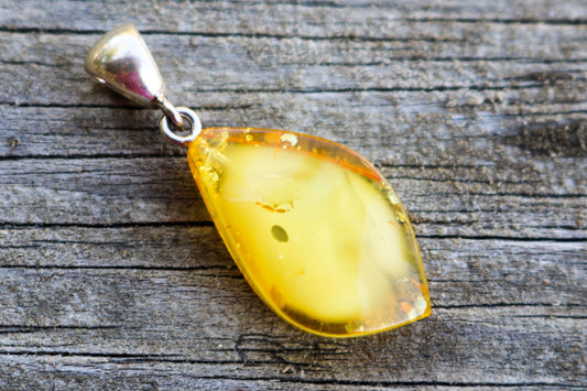 Baltic Amber Pendant Yellow Lemon Faceted Cloudy Jewelry Unisex 1.44" 2.5 gram 925 Silver