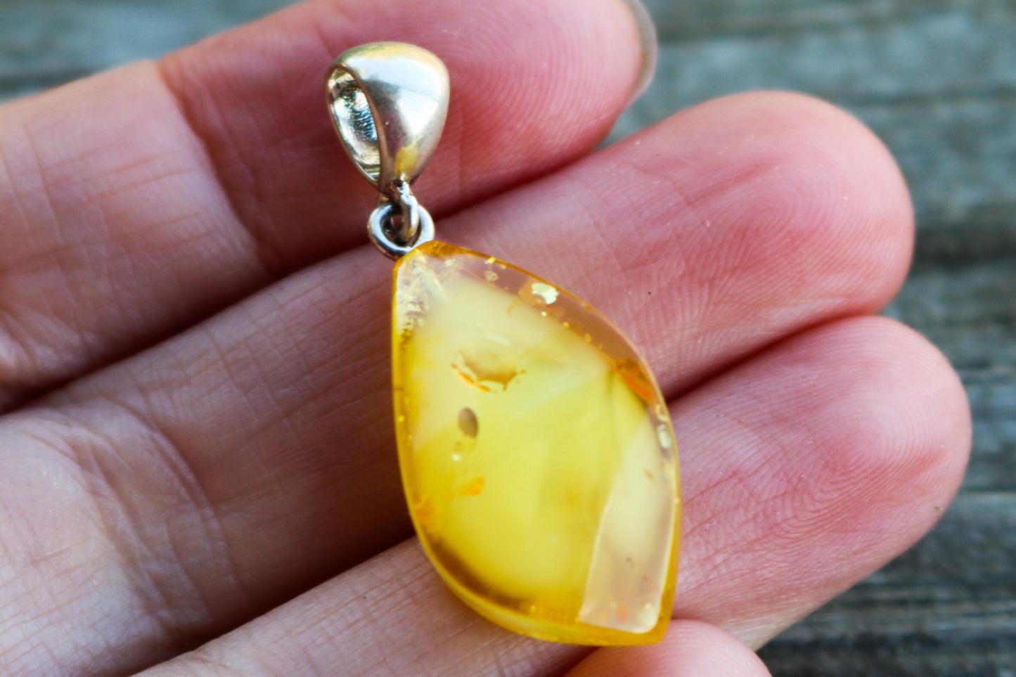 Baltic Amber Pendant Yellow Lemon Faceted Cloudy Jewelry Unisex 1.44" 2.5 gram 925 Silver