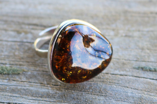 Baltic Amber Ring Green Adjustable Sparkling Jewelry 925 Silver 12 gram