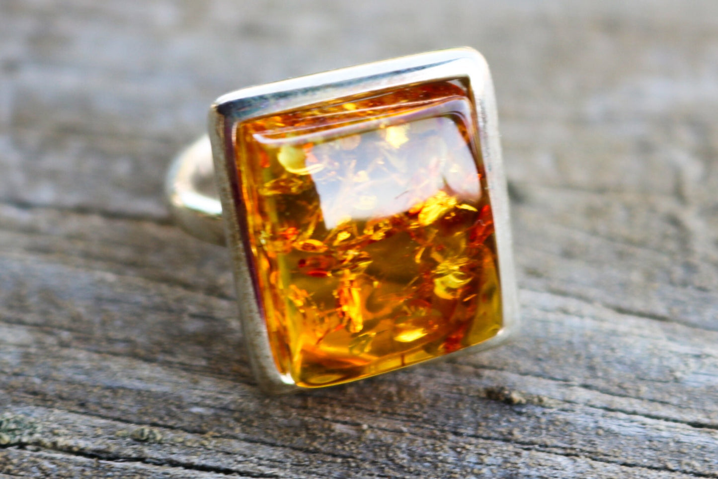 Baltic Amber Honey Ring Adjustable Square Natural Jewelry 925 Silver 8.7 gram