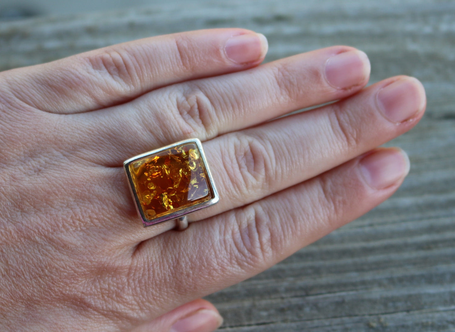 Baltic Amber Honey Ring Adjustable Square Natural Jewelry 925 Silver 8.7 gram