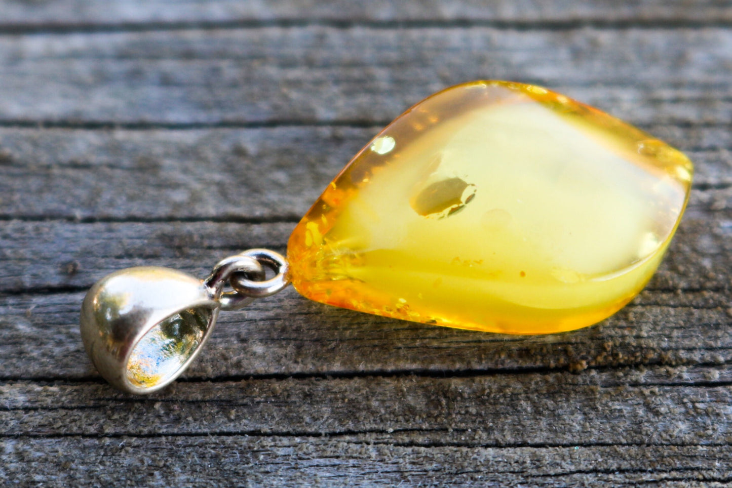 Baltic Amber Pendant Yellow Lemon Faceted Cloudy Jewelry Unisex 1.44" 2.5 gram 925 Silver