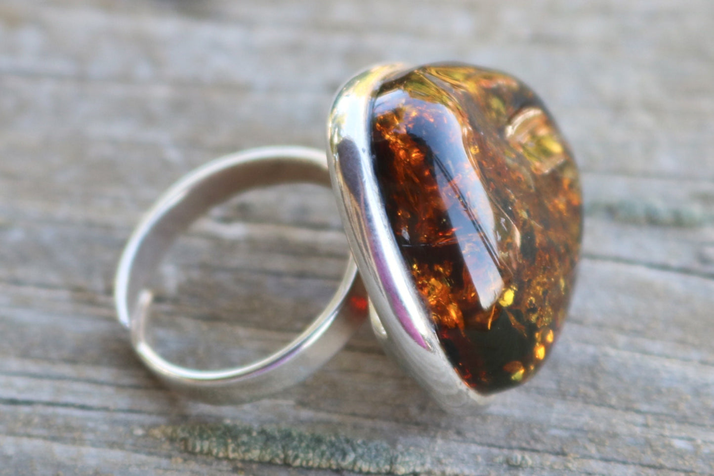 Baltic Amber Ring Green Adjustable Sparkling Jewelry 925 Silver 12 gram