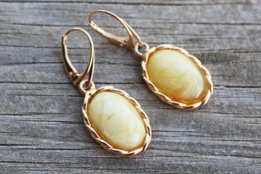 Baltic Amber Earrings Butterscotch Milky Gold Plated Oval Jewelry 1.69" 7.5 gram  925 Silver