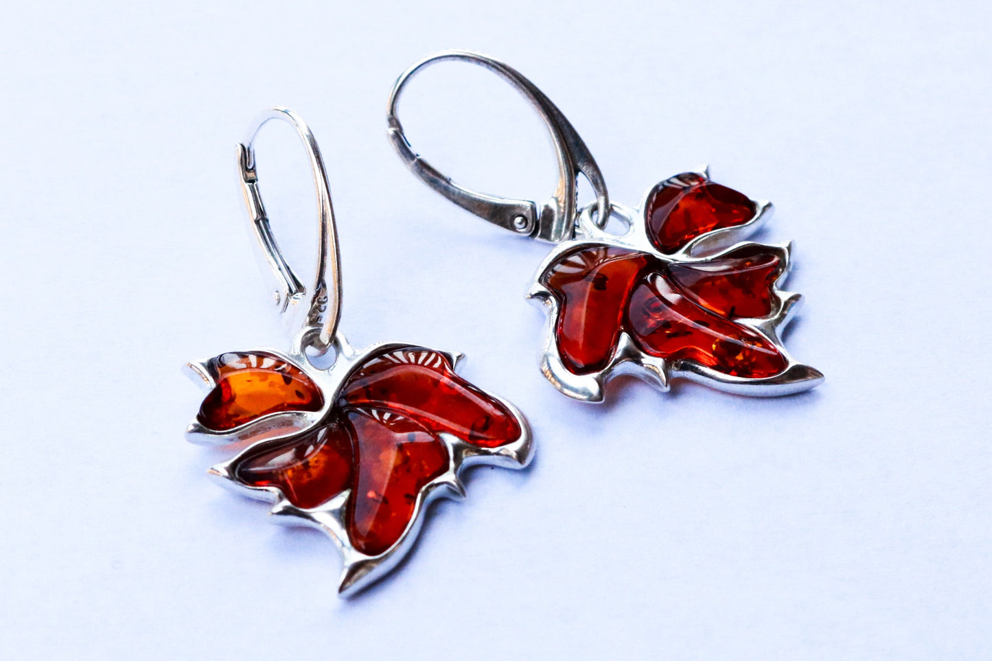 Baltic Amber Earrings Maple Leaf Cognac Natural Jewelry 1.53" 925 Silver