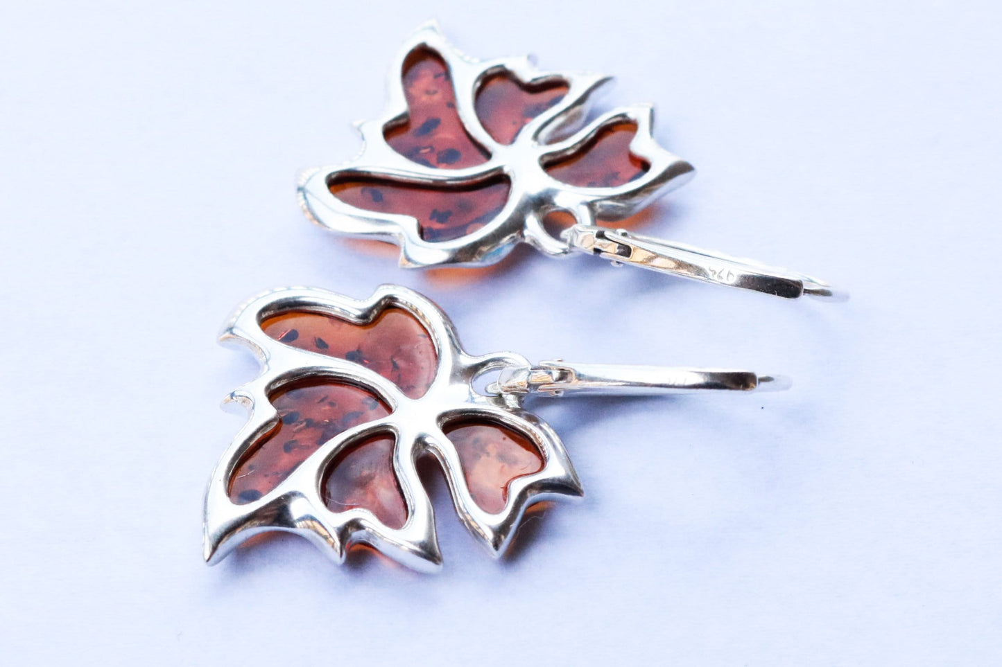 Baltic Amber Earrings Maple Leaf Cognac Natural Jewelry 1.53" 925 Silver