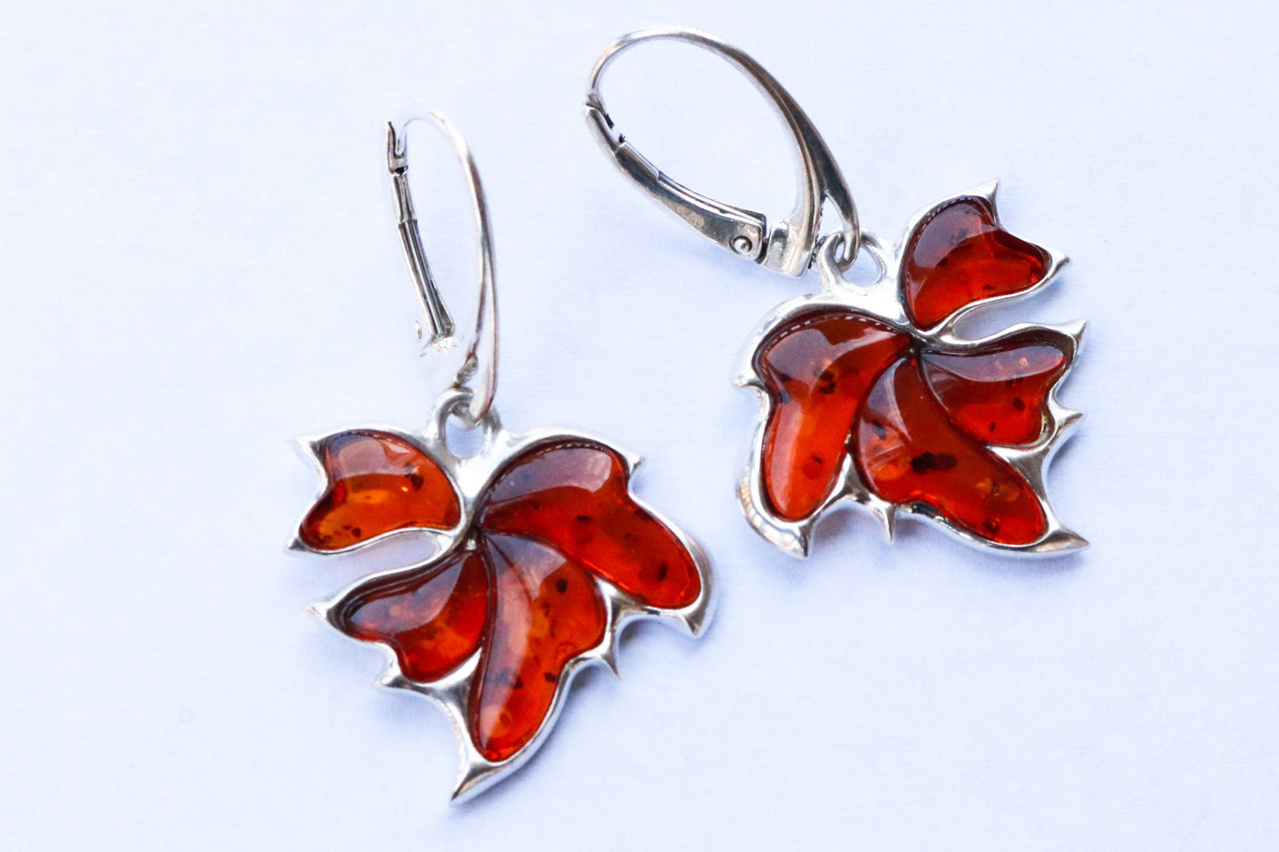 Baltic Amber Earrings Maple Leaf Cognac Natural Jewelry 1.53" 925 Silver