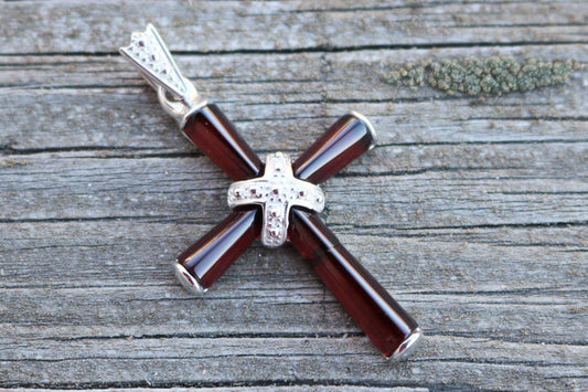 Baltic Amber Cross Pendant Cherry Natural Unisex Jewelry Natural 925 silver