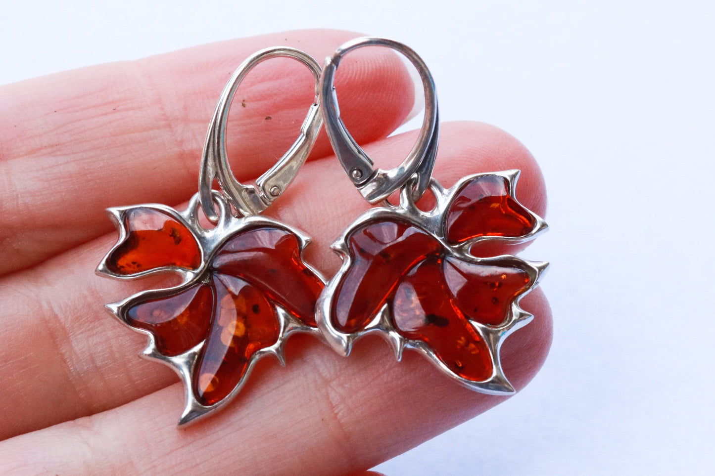 Baltic Amber Earrings Maple Leaf Cognac Natural Jewelry 1.53" 925 Silver