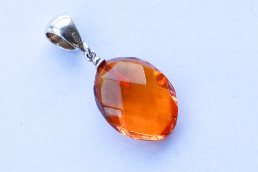 Baltic Amber Pendant Honey Oval Faceted Natural Untreated Unisex Jewelry 1.36" 2.5 gram 925 Silver