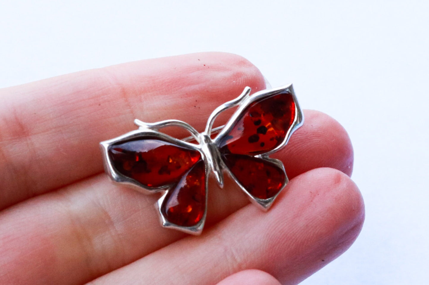 Baltic Amber Jewelry Butterfly Pin Brooch Cognac 925 Silver