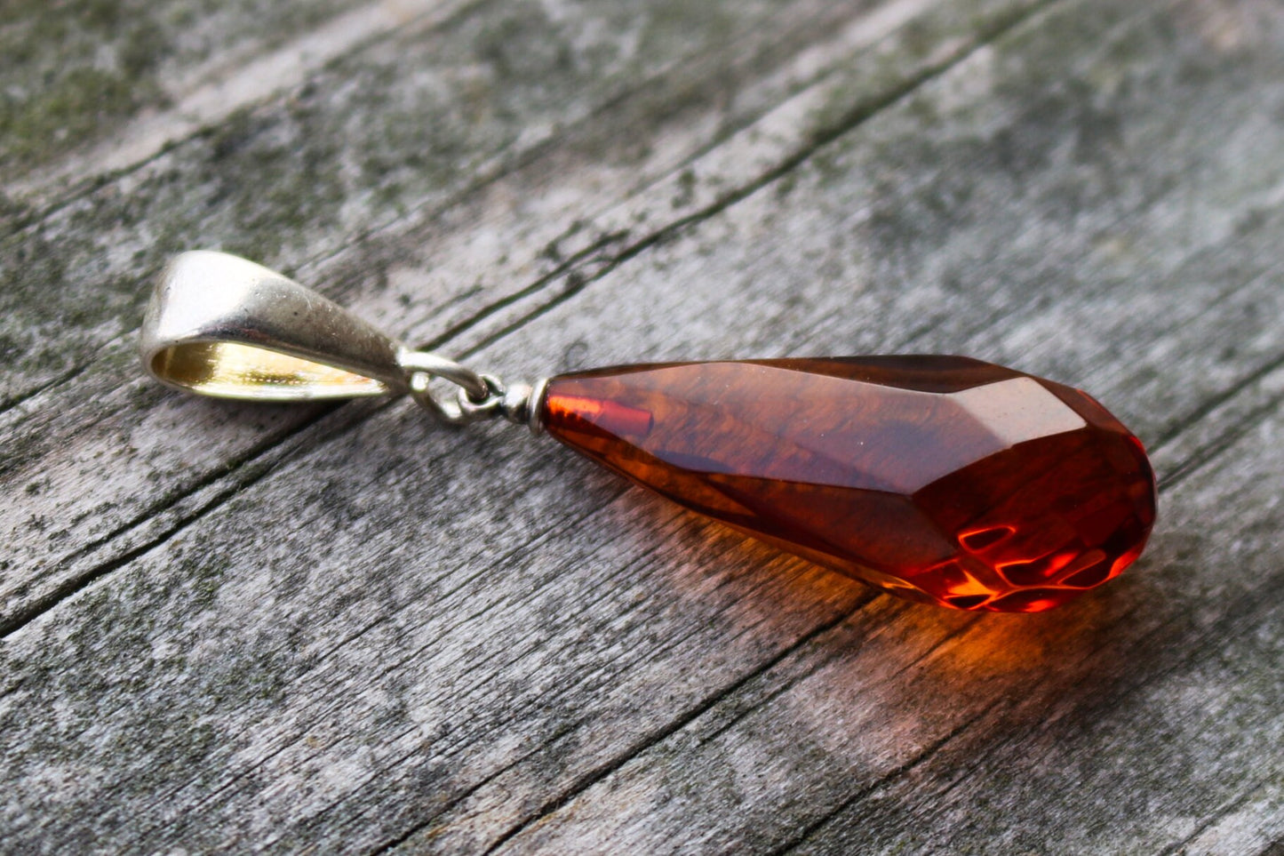 Baltic Amber Pendant Cognac Drop Faceted Natural Untreated Unisex Jewelry 1.88" 2.9 gram 925 Silver