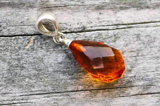 Baltic Amber Pendant Honey Drop Faceted Natural Untreated Unisex Jewelry 1.25" 1.7 gram 925 Silver