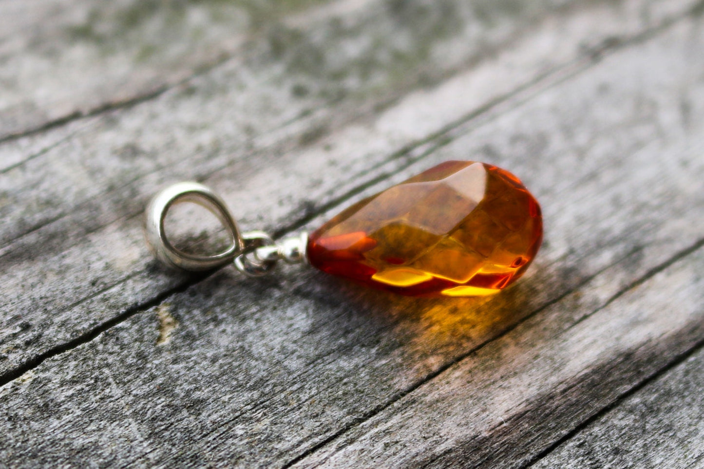 Baltic Amber Pendant Honey Drop Faceted Natural Untreated Unisex Jewelry 1.25" 1.7 gram 925 Silver