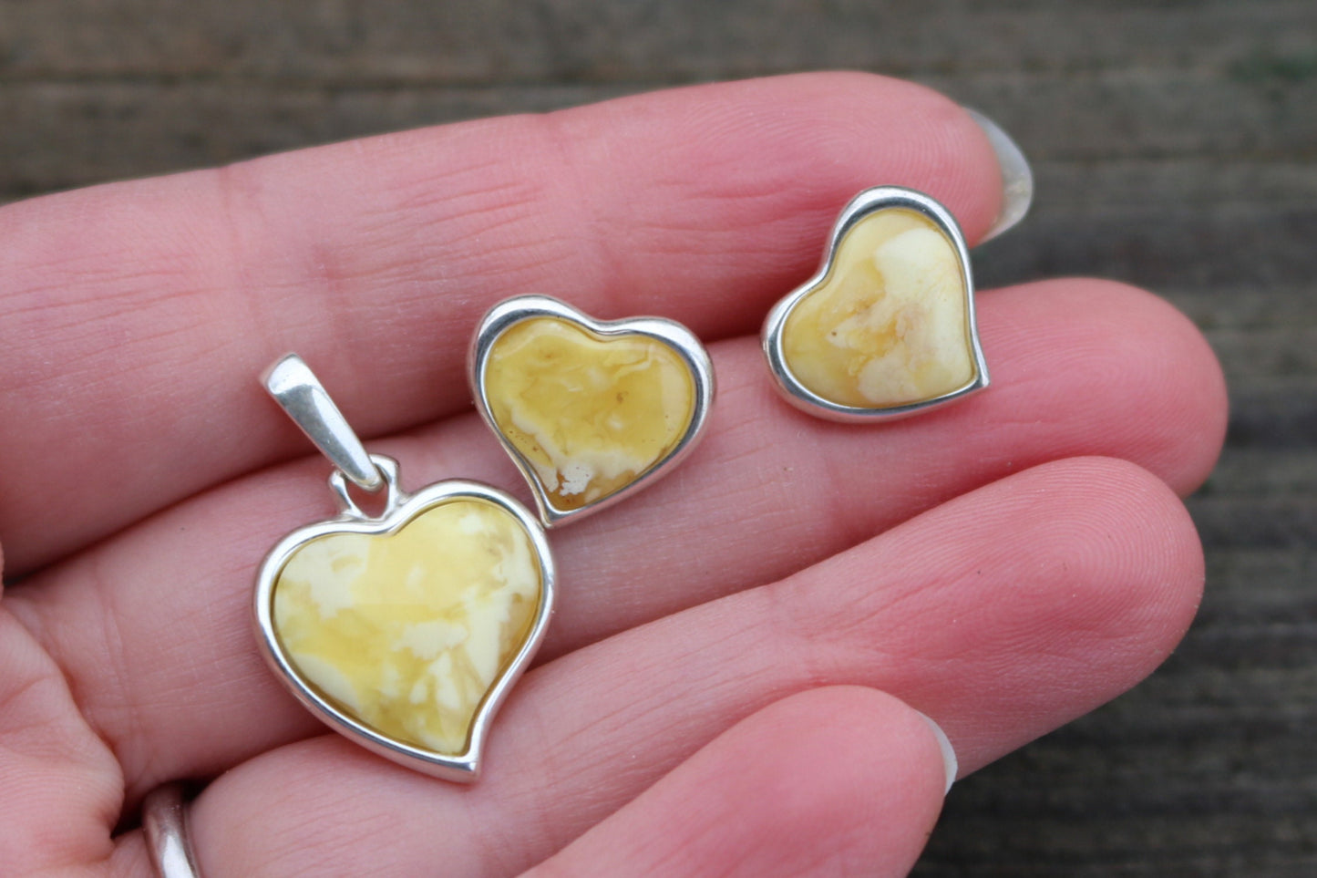 Baltic Amber Jewelry Set Butterscotch Heart Pendant and Earrings Natural 925 Silver