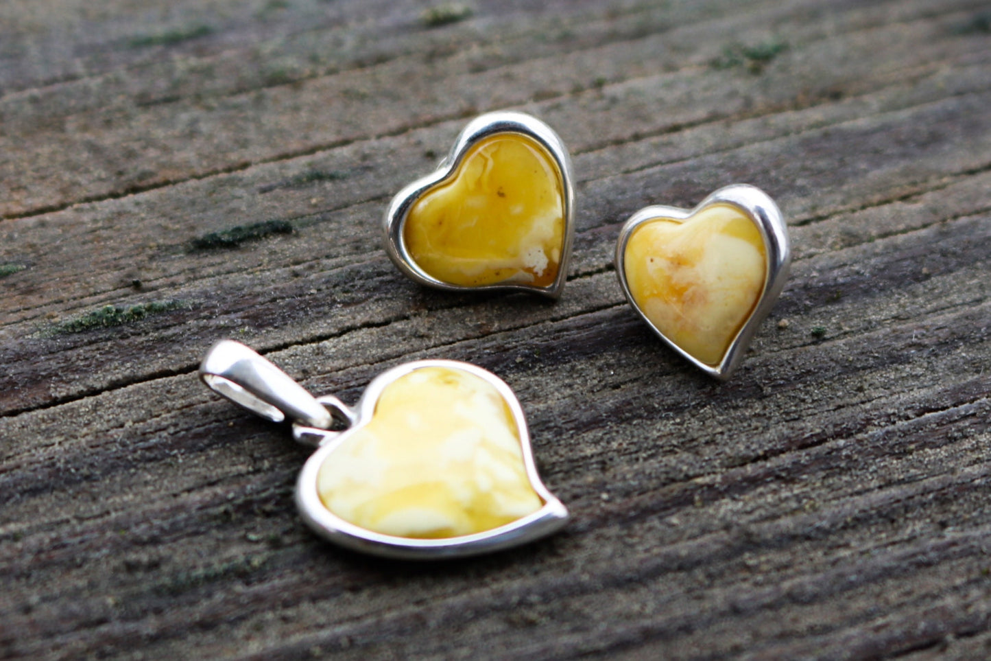 Baltic Amber Jewelry Set Butterscotch Heart Pendant and Earrings Natural 925 Silver