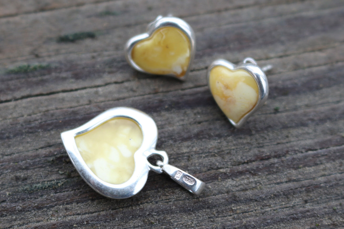 Baltic Amber Jewelry Set Butterscotch Heart Pendant and Earrings Natural 925 Silver