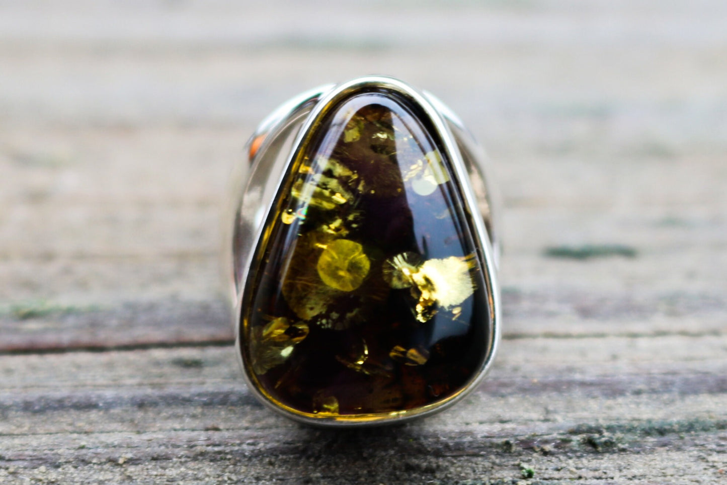 Baltic Amber Ring Green Triangle Adjustable Sparkling Jewelry 925 Silver 10.2 gram