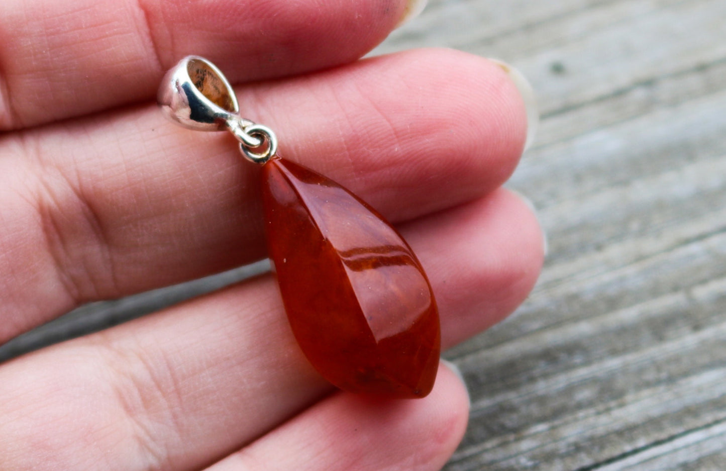 Baltic Amber Pendant Faceted Caramel Brick Red Unisex 1.57" 2.8 gram 925 Silver