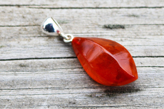 Baltic Amber Pendant Faceted Caramel Brick Red Unisex 1.57" 2.8 gram 925 Silver