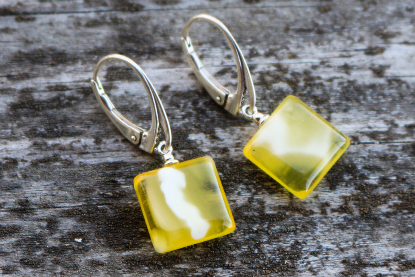 Baltic Amber Earrings Yellow Cloudy Natural Dangling Square Jewelry 1.28" 2.6 gram 925 Silver