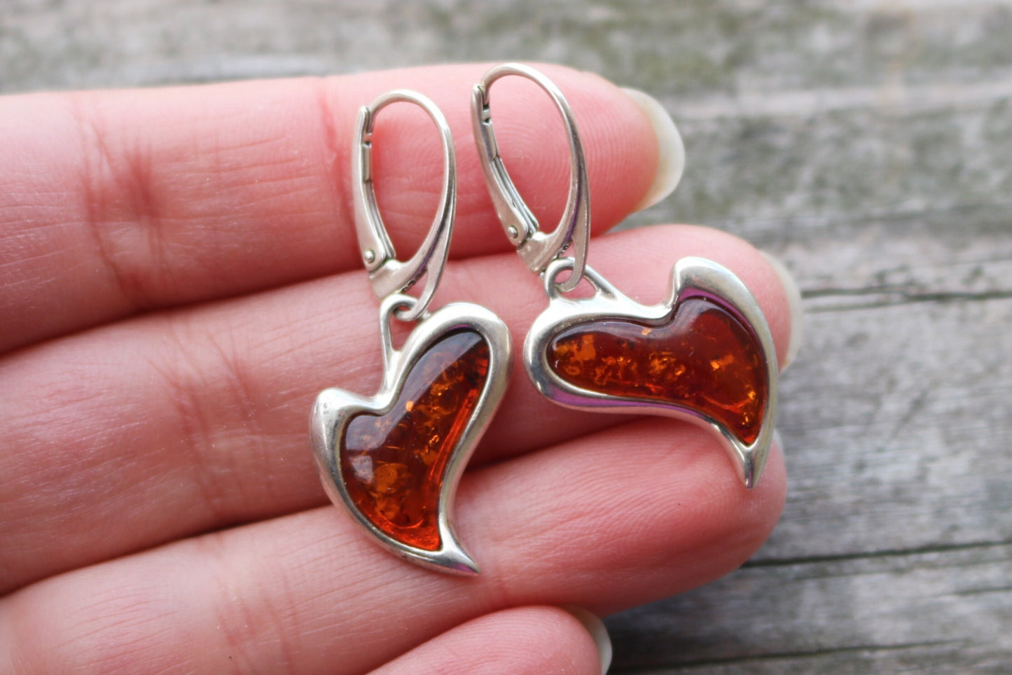 Baltic Amber Earrings Heart Cognac Dangling Natural 1.38" 925 Silver