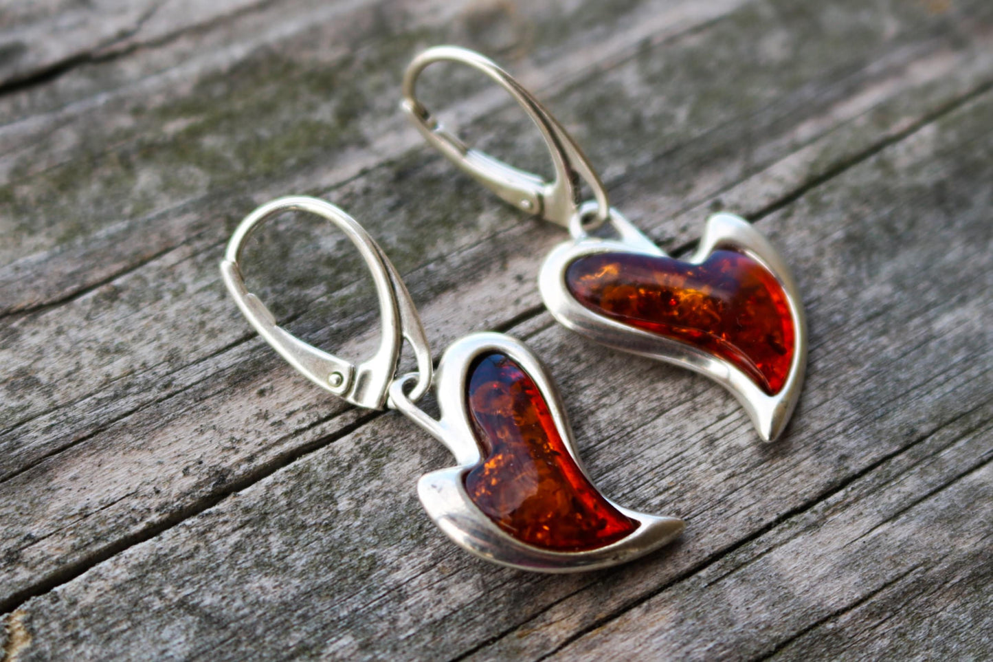 Baltic Amber Earrings Heart Cognac Dangling Natural 1.38" 925 Silver